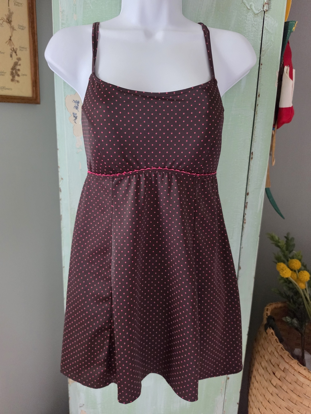L.L.Bean Brown Pink Polka Dot Swim Dress Size 8
